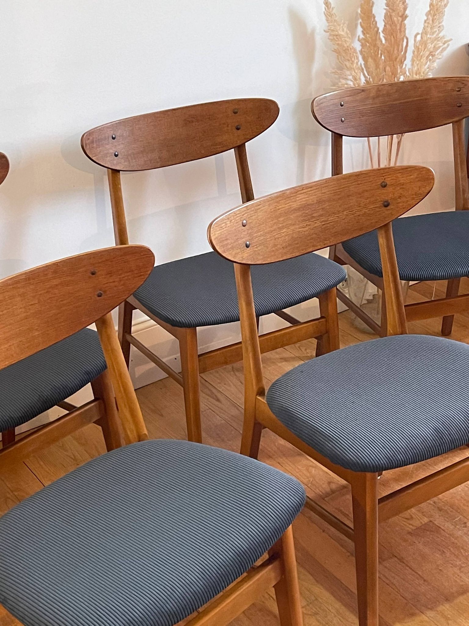 Vintage Farstrup 210 Scandinavian chairs in stained beech and teak.