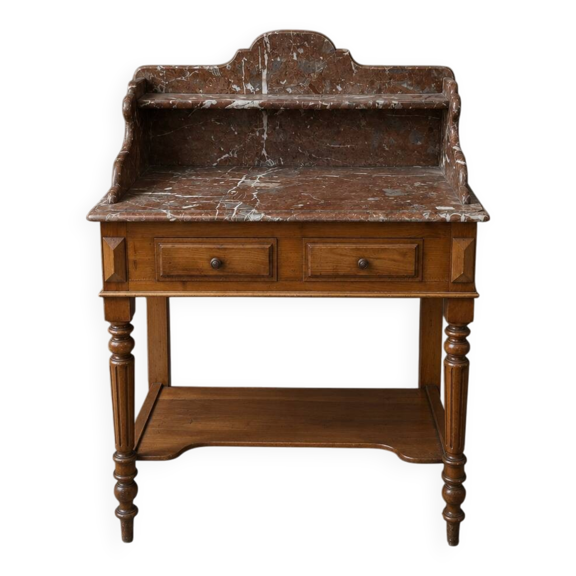 Ancienne console de toilette en merisier avec marbre