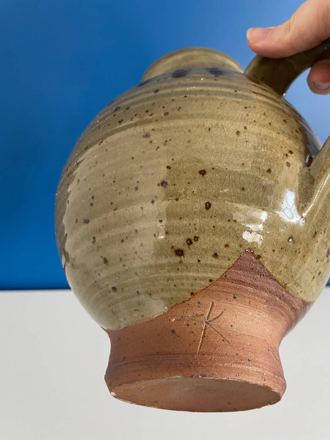 Vintage enameled terracotta pitcher carafe
