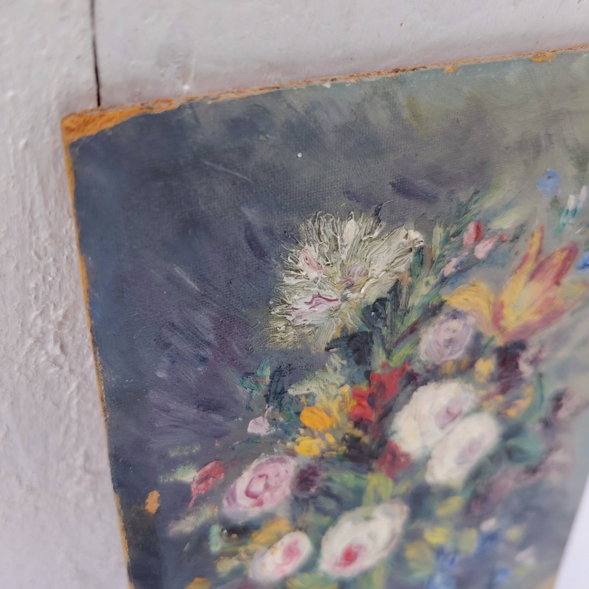 Huile sur panneau, bouquet de fleurs, Pinot Vialet