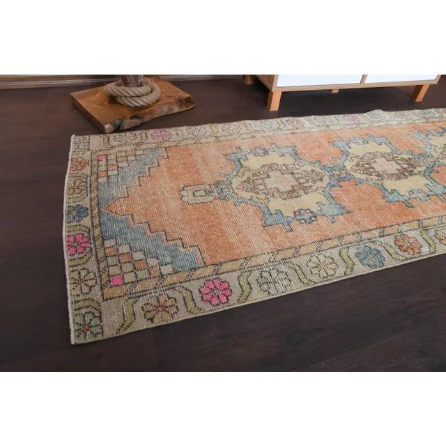1970s Vintage Turkish Hand-Knotted Wool Cotton Orange Runner Rug 82x261