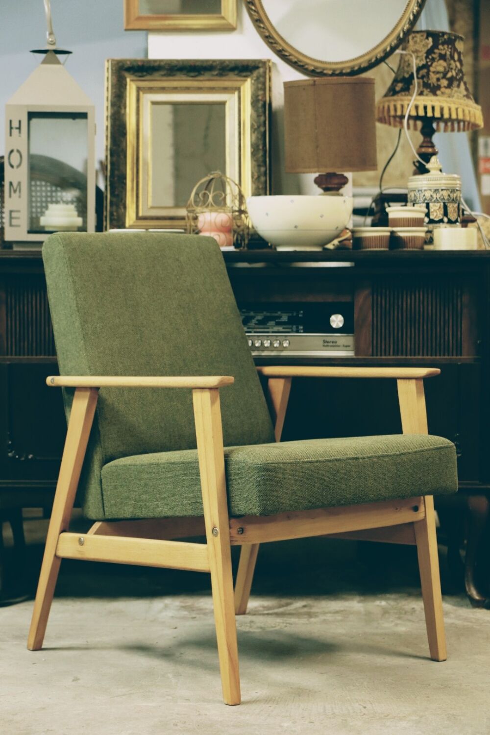 Vintage wood armchair boho green leaf oryginal from Mid century modern 1970 light wood chair salon