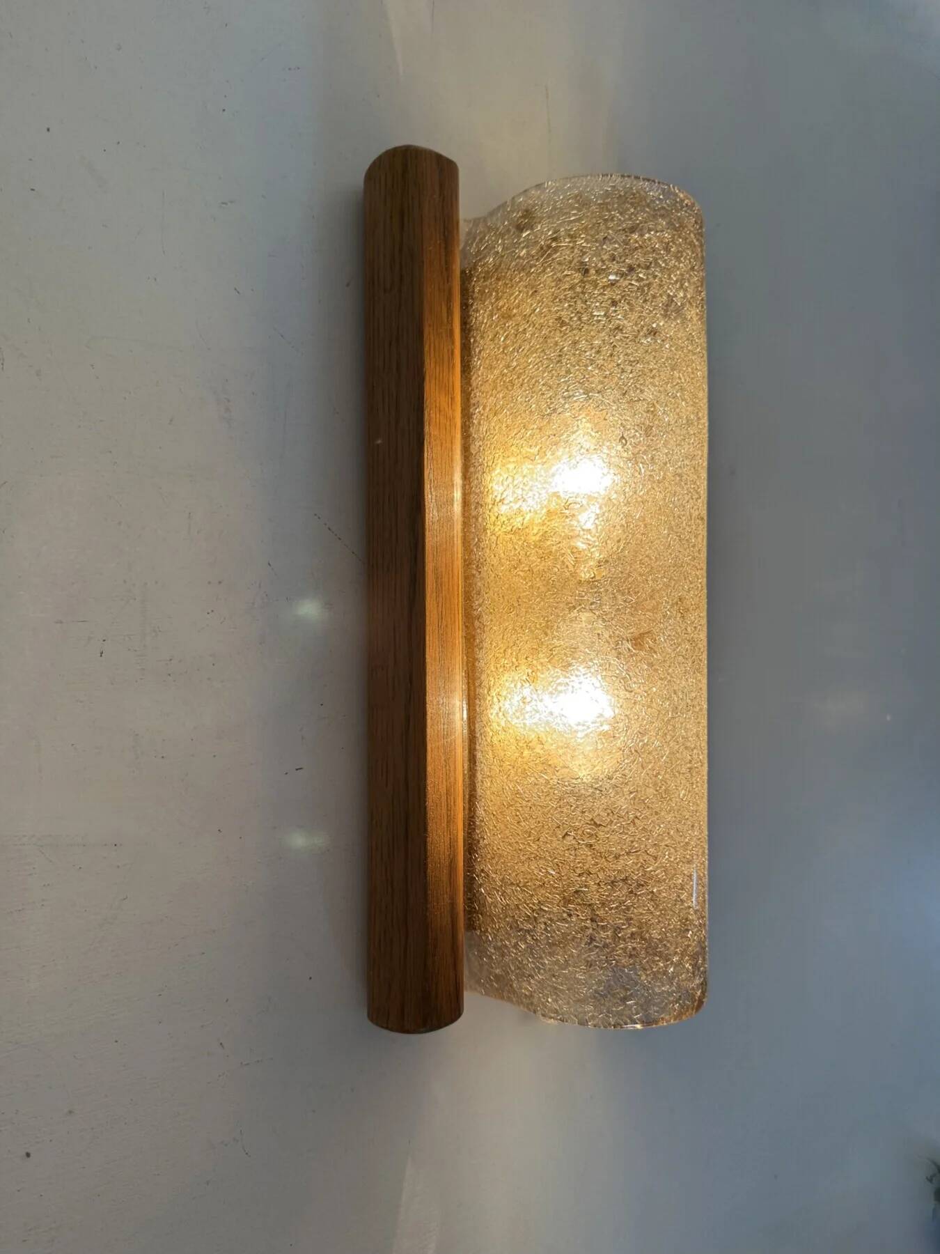 Mid-century Fisher Leuchten glass wall lamp with solid wooden detail, 1970s