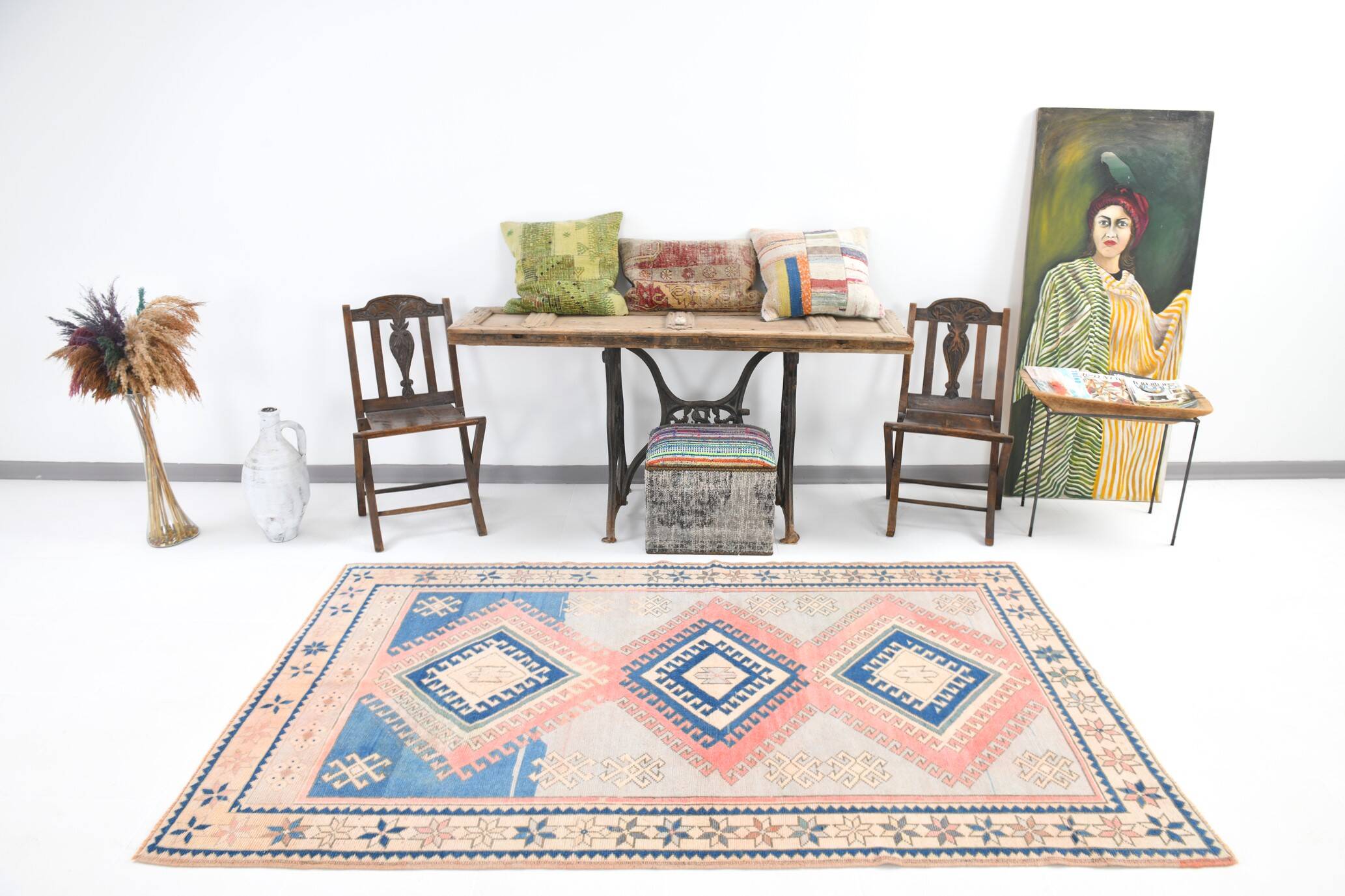 4x8 Salmon & Blue Handmade Wool Oushak Rug, 141x230Cm SK 20160