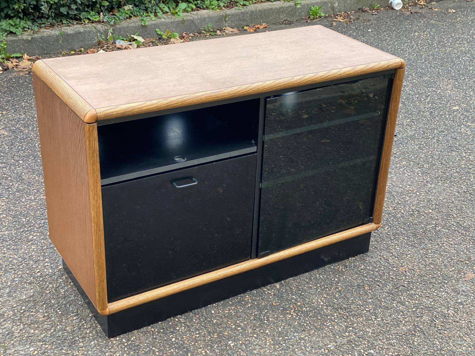Vintage wood and black glass TV cabinet buffet