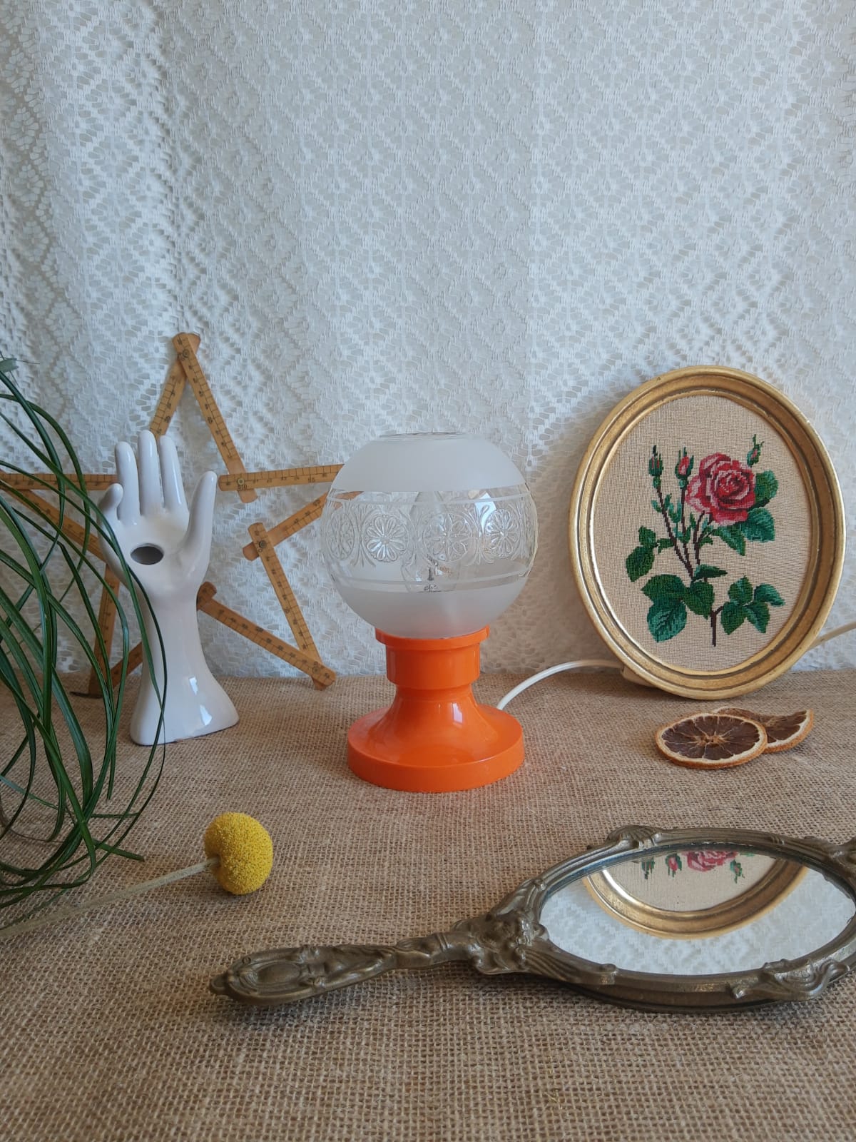 Retro orange table lamp and 70s glass globe