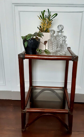 Rattan shelf and smoked glass 1970