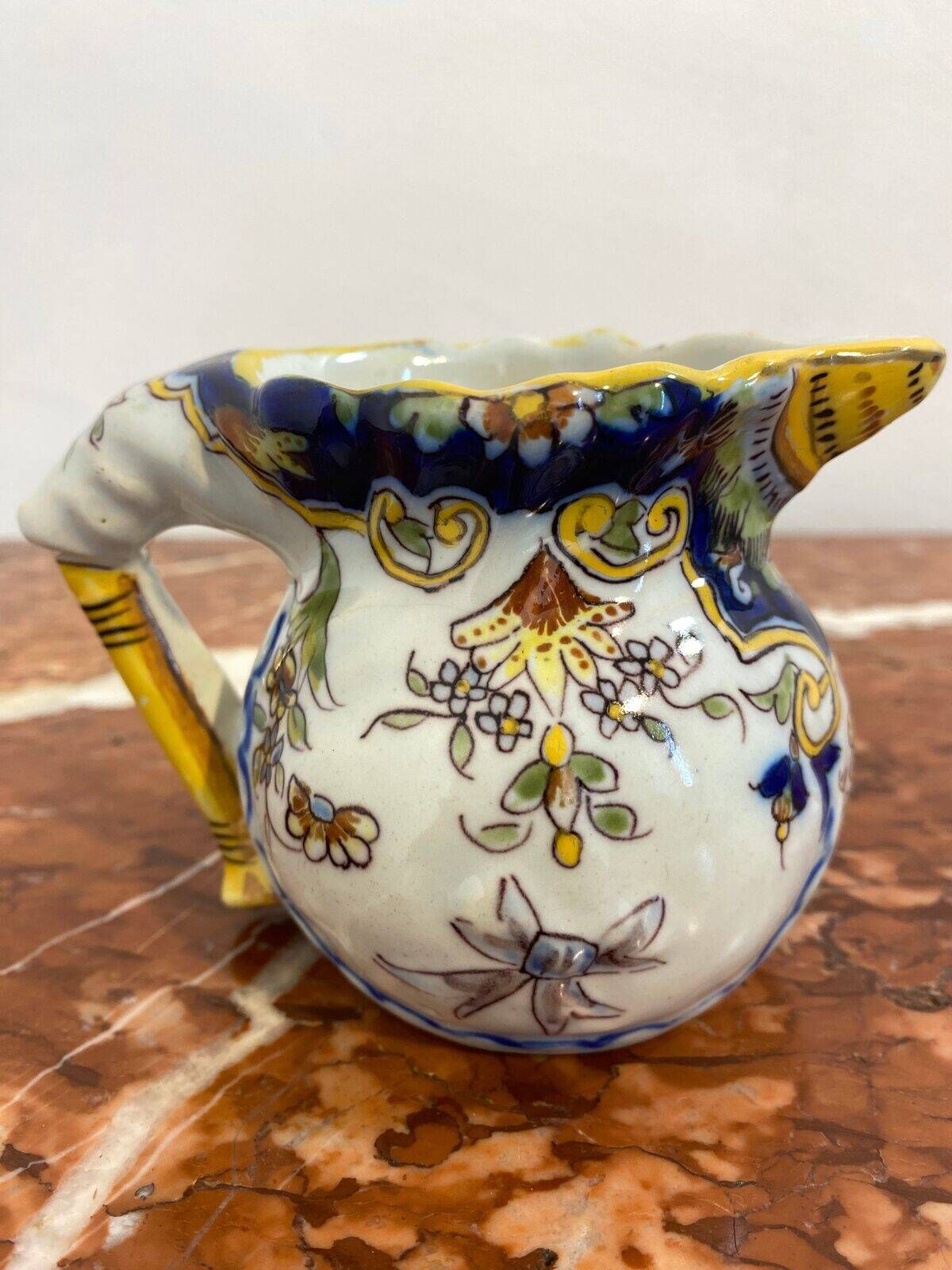Small antique jug in faience from Les Sables d'Olonne, hand-painted.