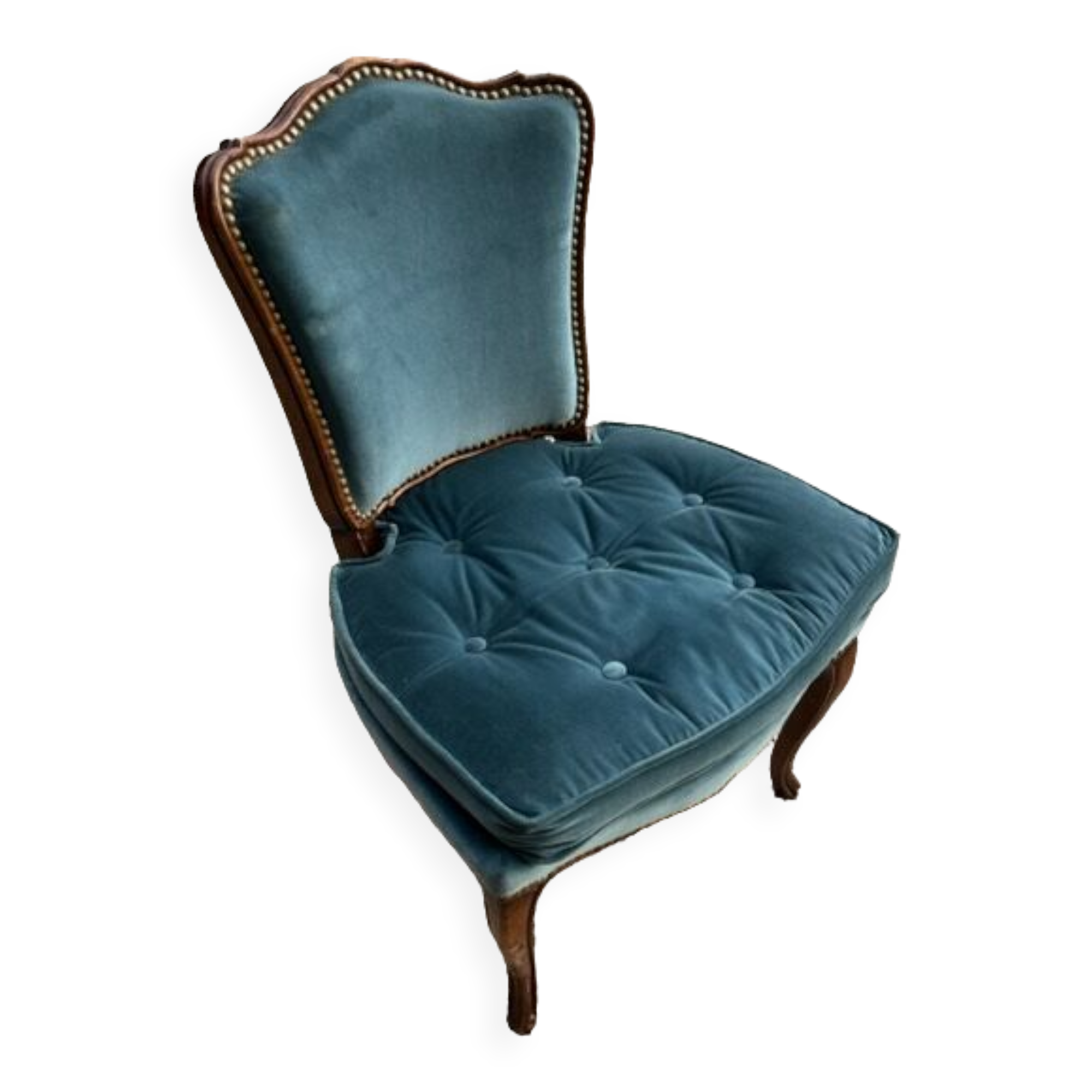 Armchair in walnut and blue velvet