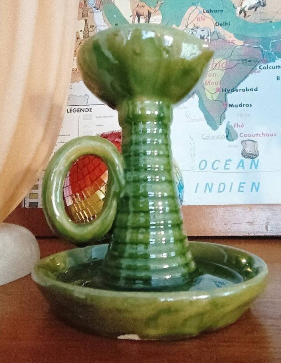vintage green enameled ceramic candle holder