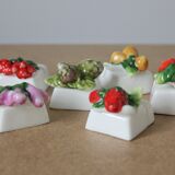 6 porcelain name tags in vintage fruit and vegetable slip
