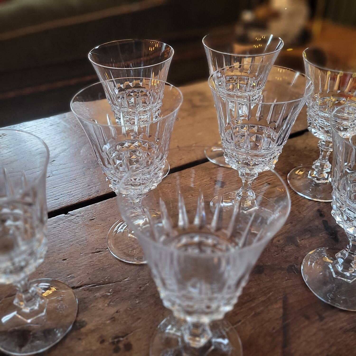 Set of 9 fine cut crystal stemmed glasses - France, circa 1950