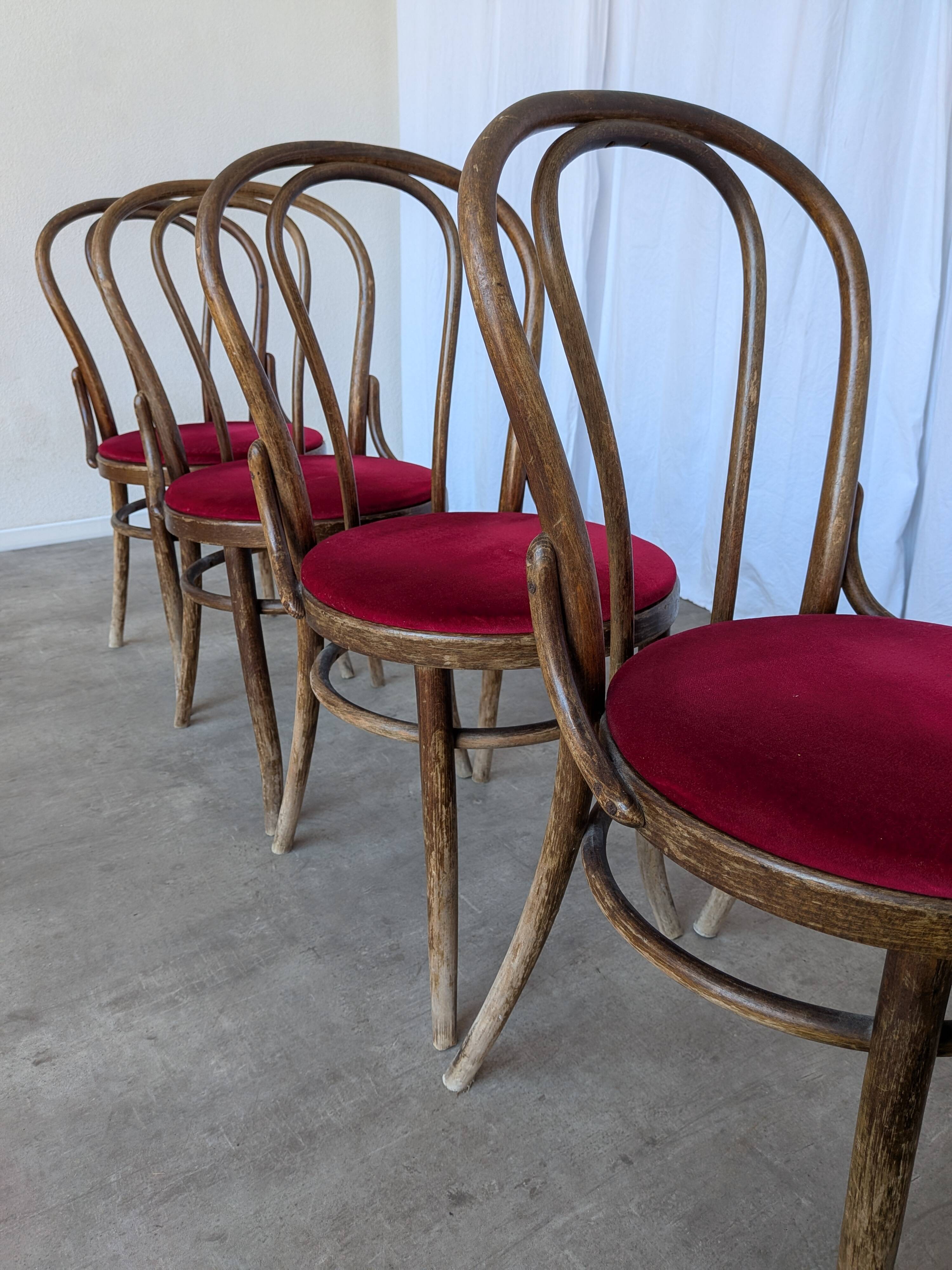 Set of 4 Vintage Bentwood Bistro Chairs, Red Upholstery