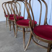 Set of 4 Vintage Bentwood Bistro Chairs, Red Upholstery