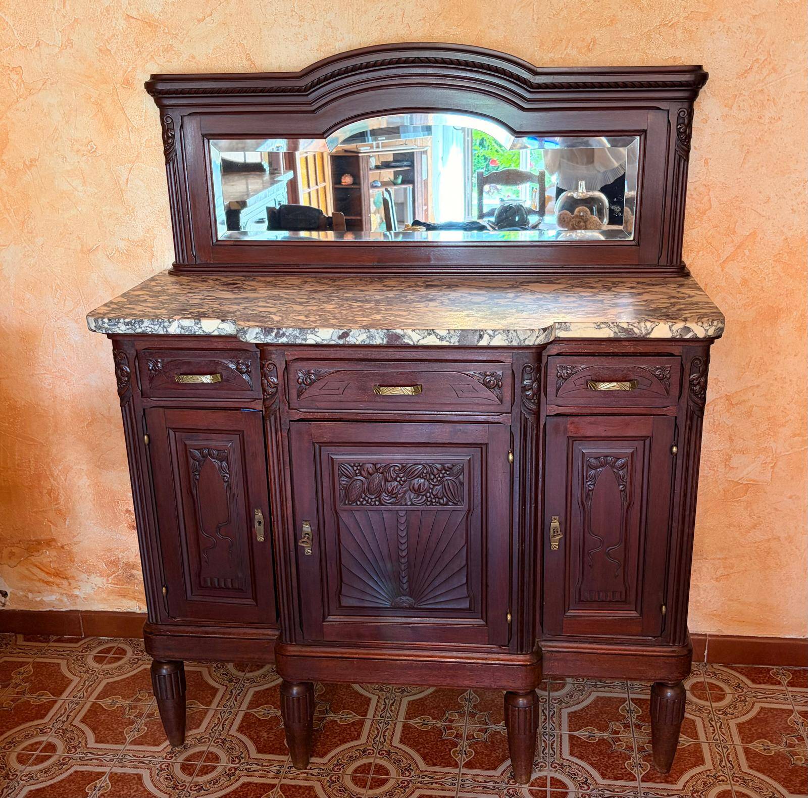 Buffet Art déco en bois, miroir et marbre