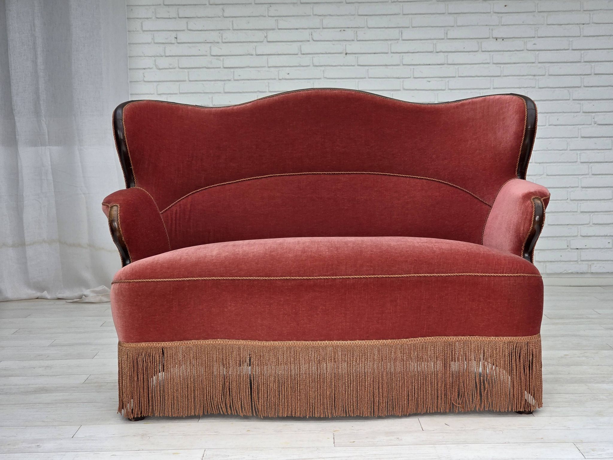 1950s, Danish 2-seater sofa, salmon pink furniture velour, ash wood.