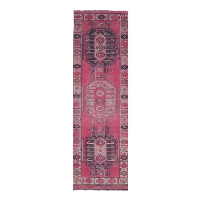 Vintage Turkish Hand-Knotted Wool Cotton Pink Runner Rug 104x351