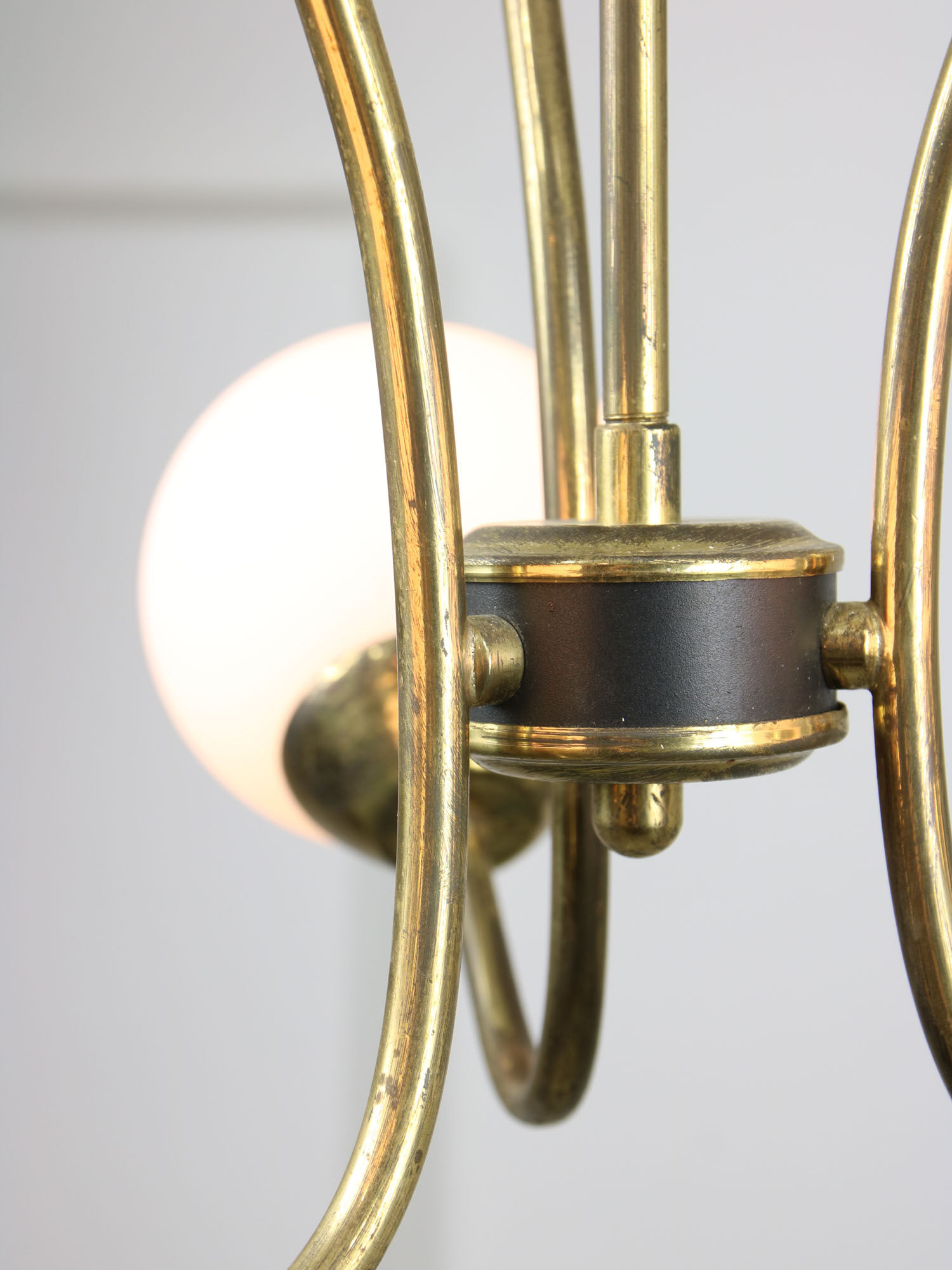 Italian Mid-century Brass and Opaline Glass Chandelier