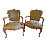 Pair of Louis XV style armchairs in cherry wood, upholstered in green velvet.