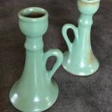 Pair of vintage table candle holders in green enameled ceramic