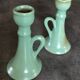 Pair of vintage table candle holders in green enameled ceramic