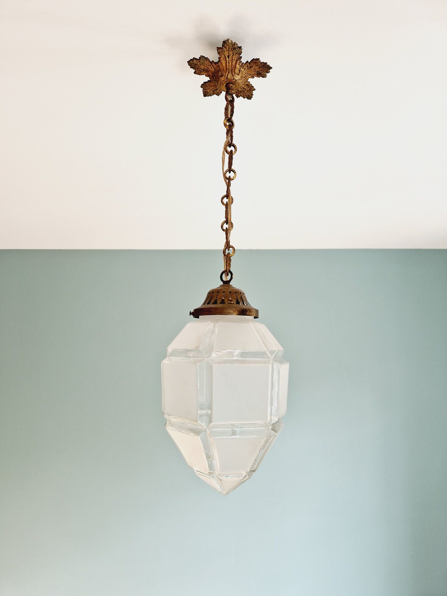 Art Deco pendant lamp in satin glass and bronze frame
