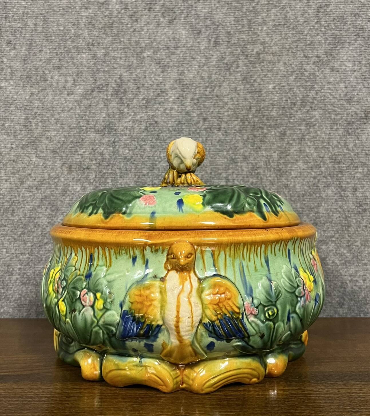 Soup tureen with parrot in colored slip from the mid-20th century