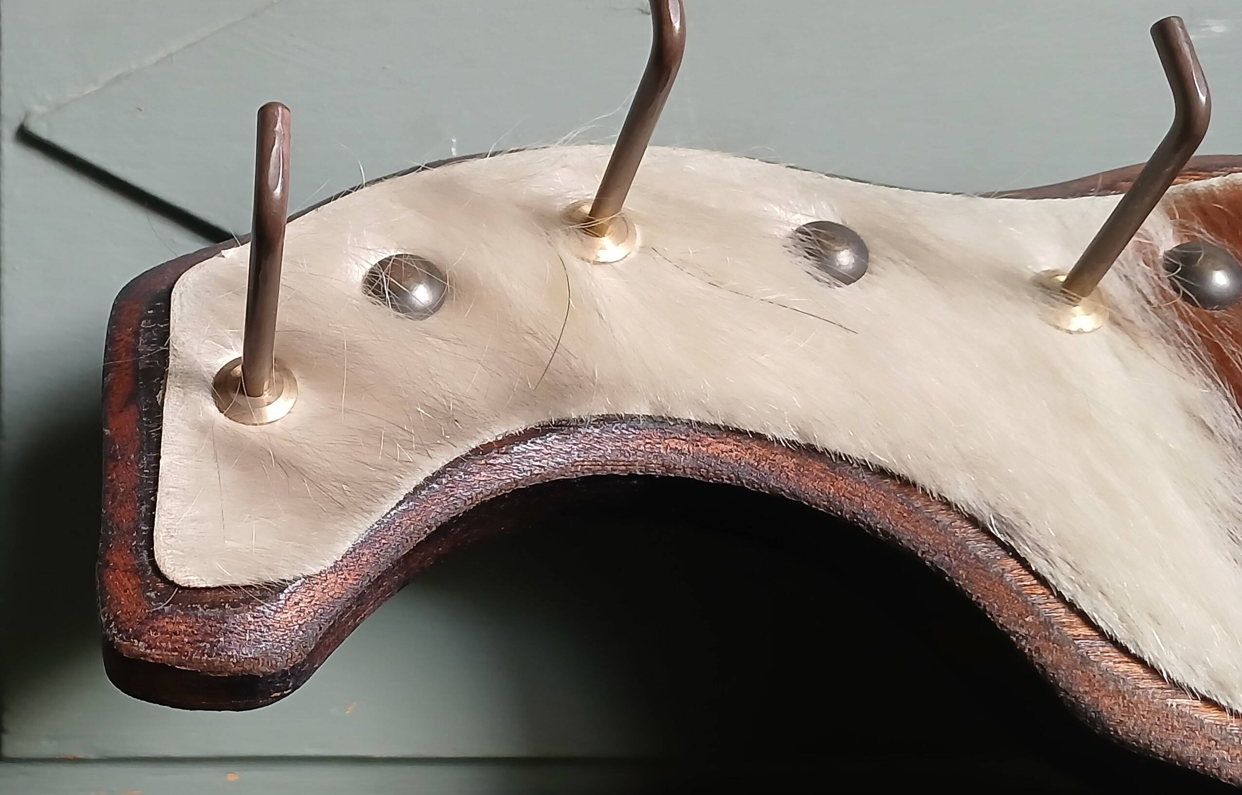 Wooden coat rack, nails & cowhide