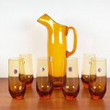 Amber glass carafe from the mid-century German Jagdhaus series and drinking glasses by Wilhelm Braun-Feldweg for Hirschberg, 1960s, set of 7.