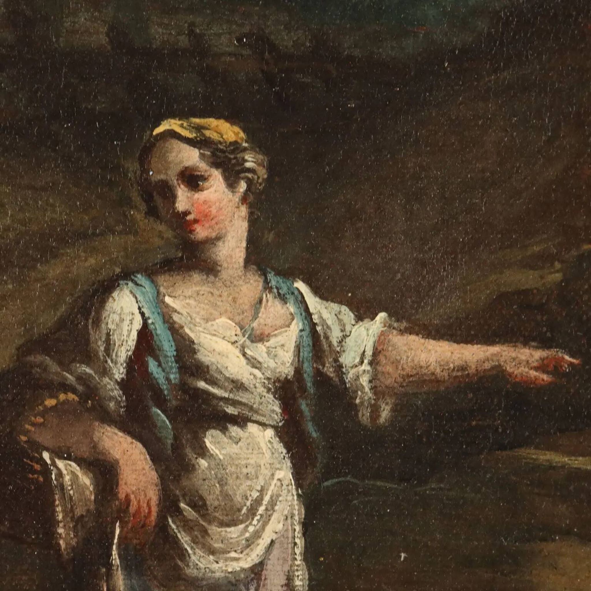Old painting landscape with figures, oil on canvas, 18th century
