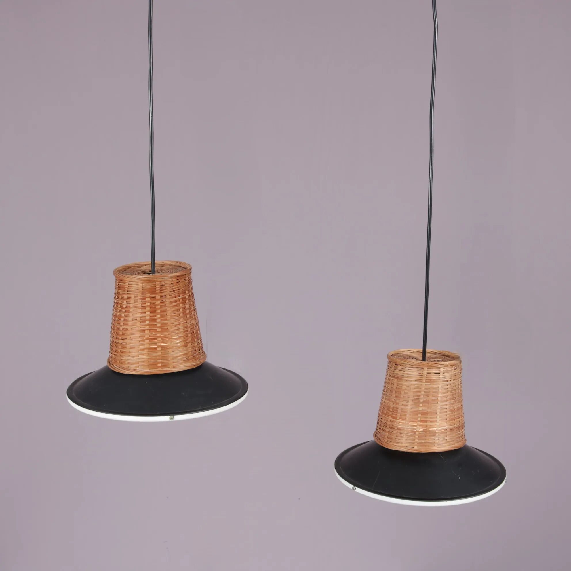 1950s set of 2 hanging lamps wicker/black metal/glass