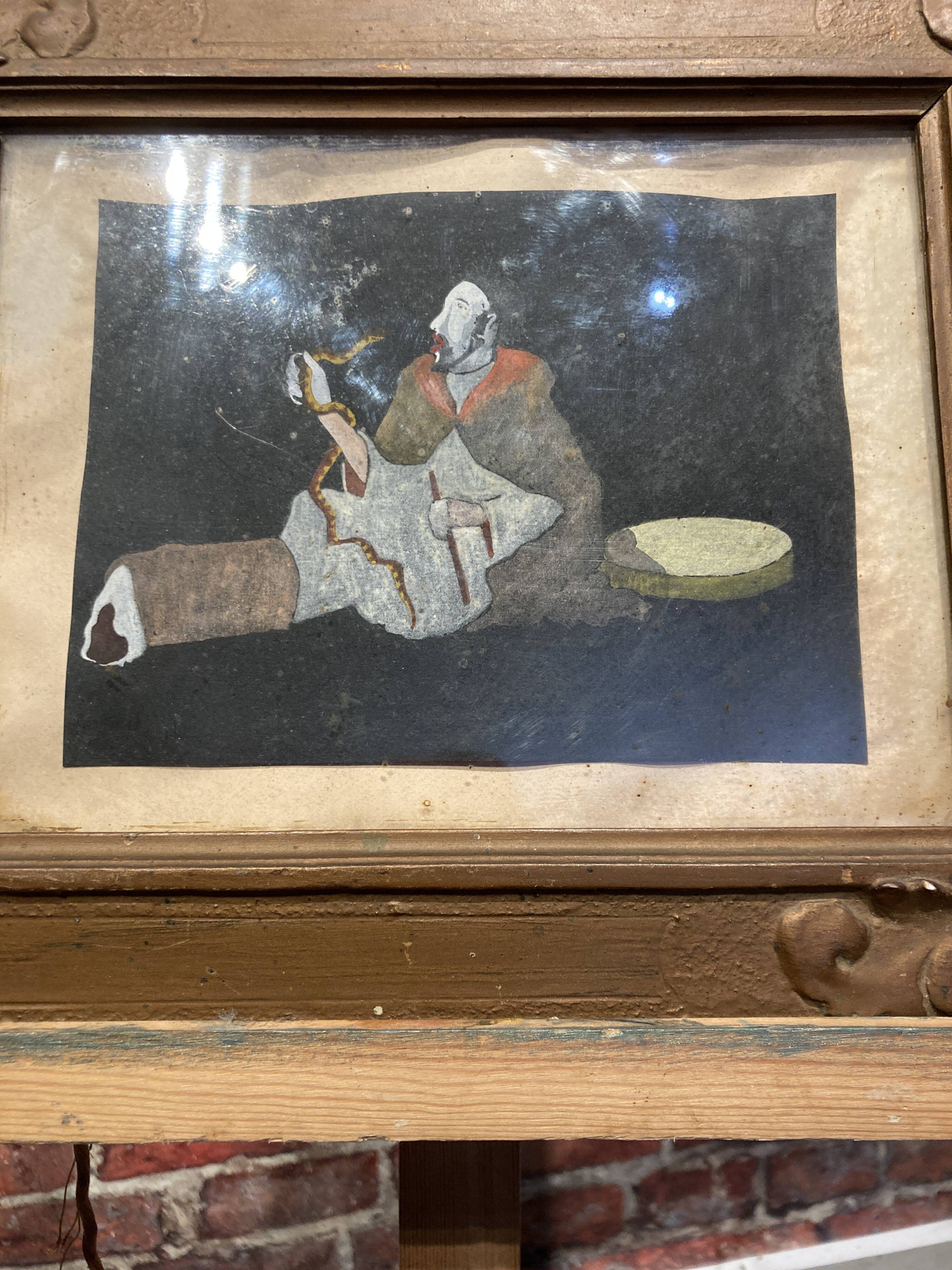 Framed painting of a man on mica.