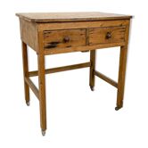 Vintage industrial wooden side table with drawers on casters