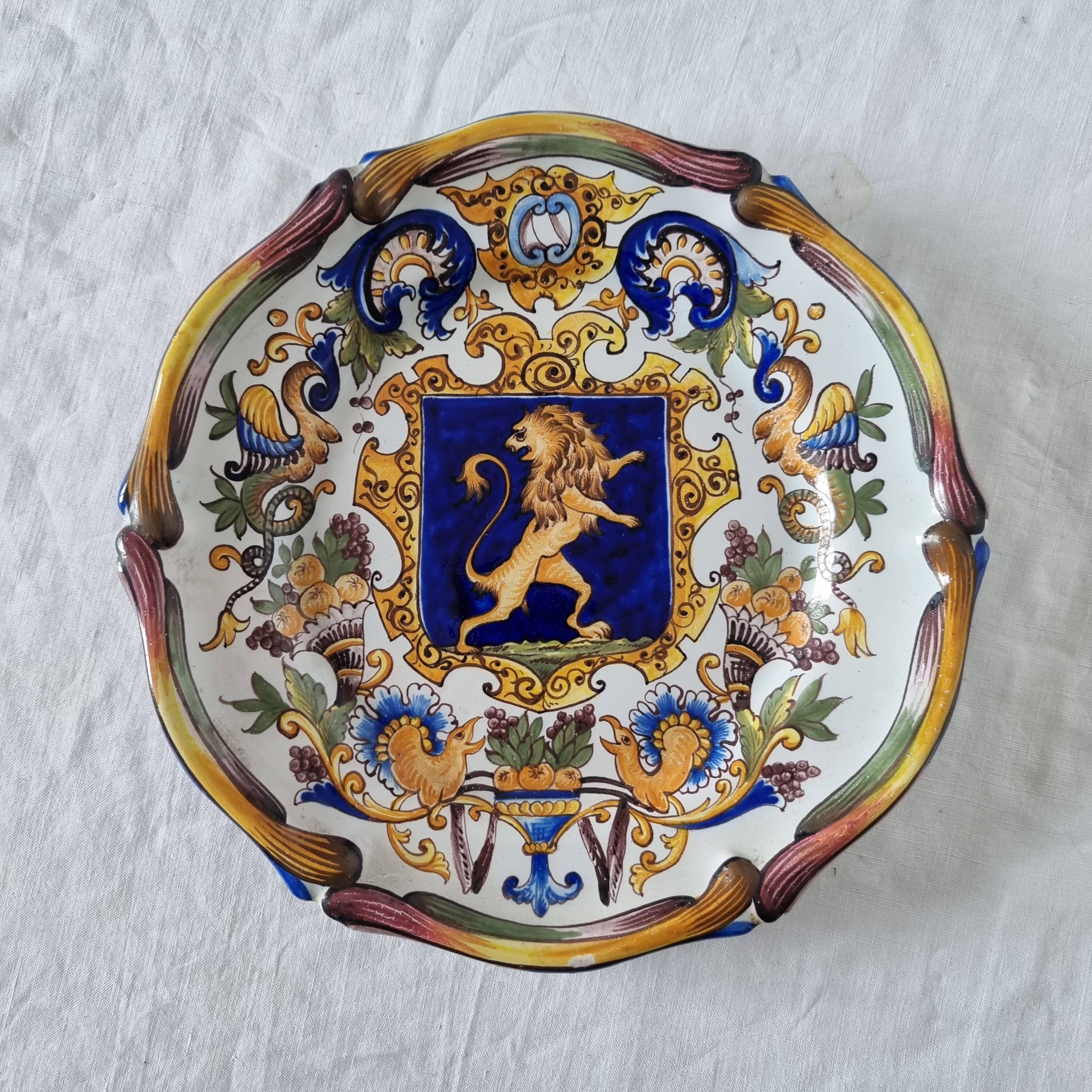 Magnificent antique French earthenware plate with shields signed Keller