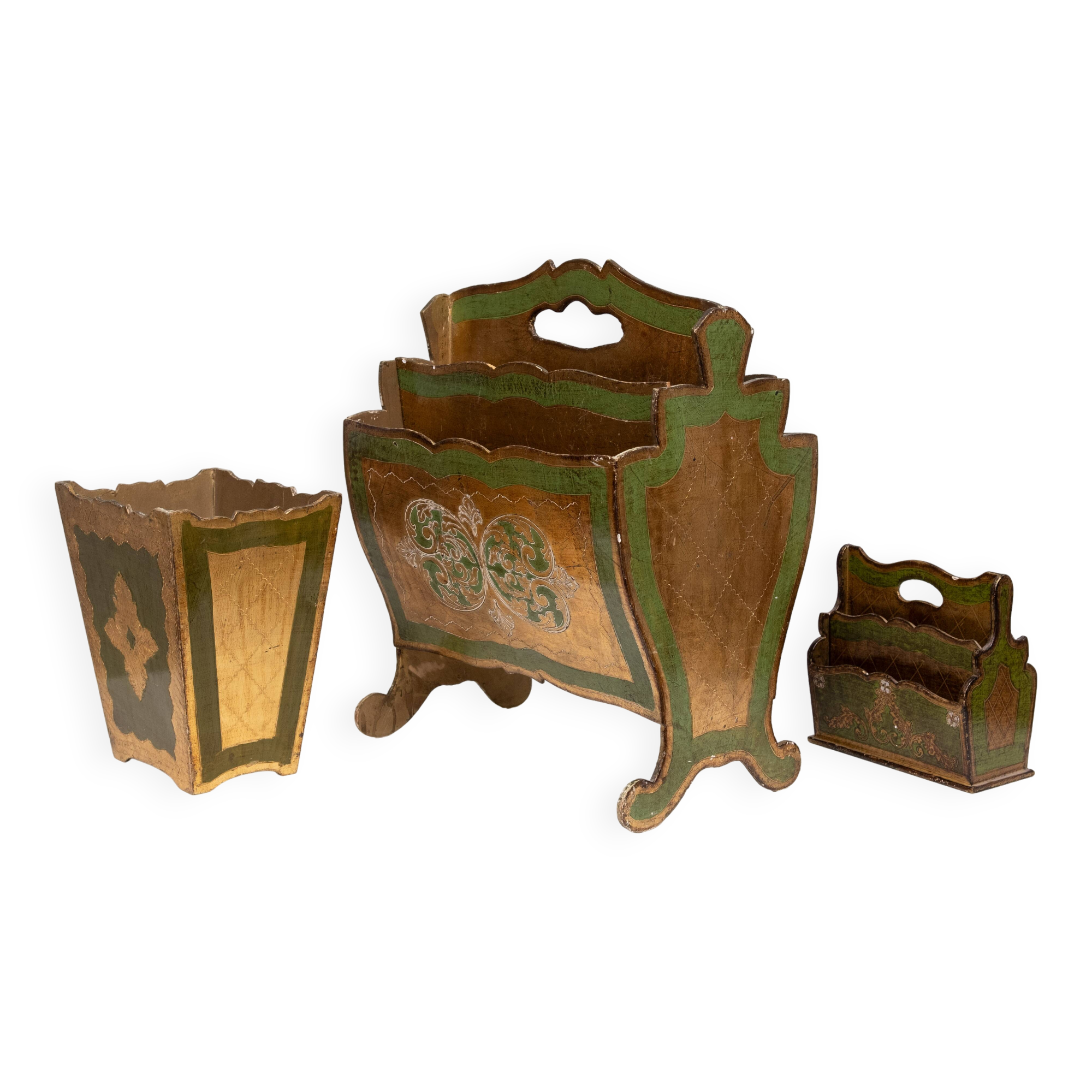 Set of 3 florentine newspaper rack, letter holder, paper basket 1960s italy