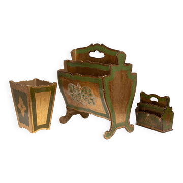 Set of 3 florentine newspaper rack, letter holder, paper basket 1960s italy