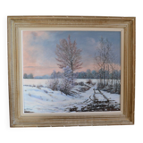 Rateau " Paysage enneigé " peinture HST encadrée
