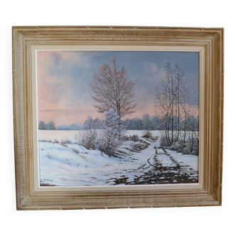 Rateau " Paysage enneigé " peinture HST encadrée