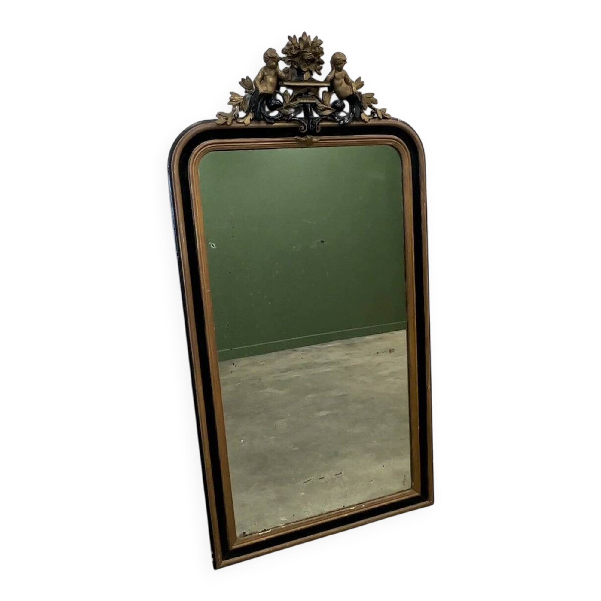 Antique 1800s black and gold mirror with cupid, France 1800s.