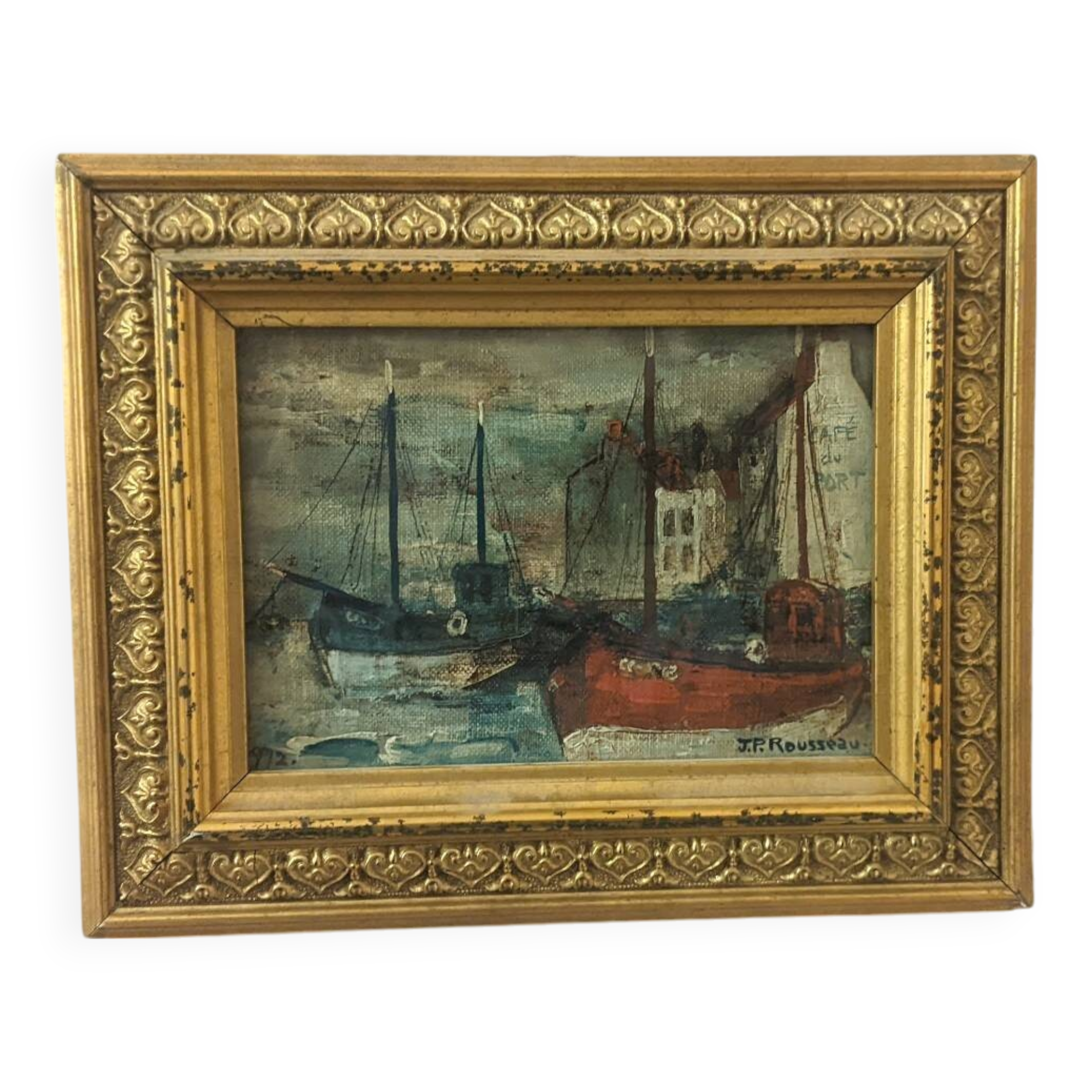 small marine oil painting boats blue red tones Jp Rousseau certificate gold frame