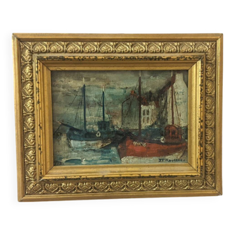 small marine oil painting boats blue red tones Jp Rousseau certificate gold frame