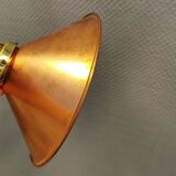 Copper hanging lamp with brass colored top and white inside lacquer.