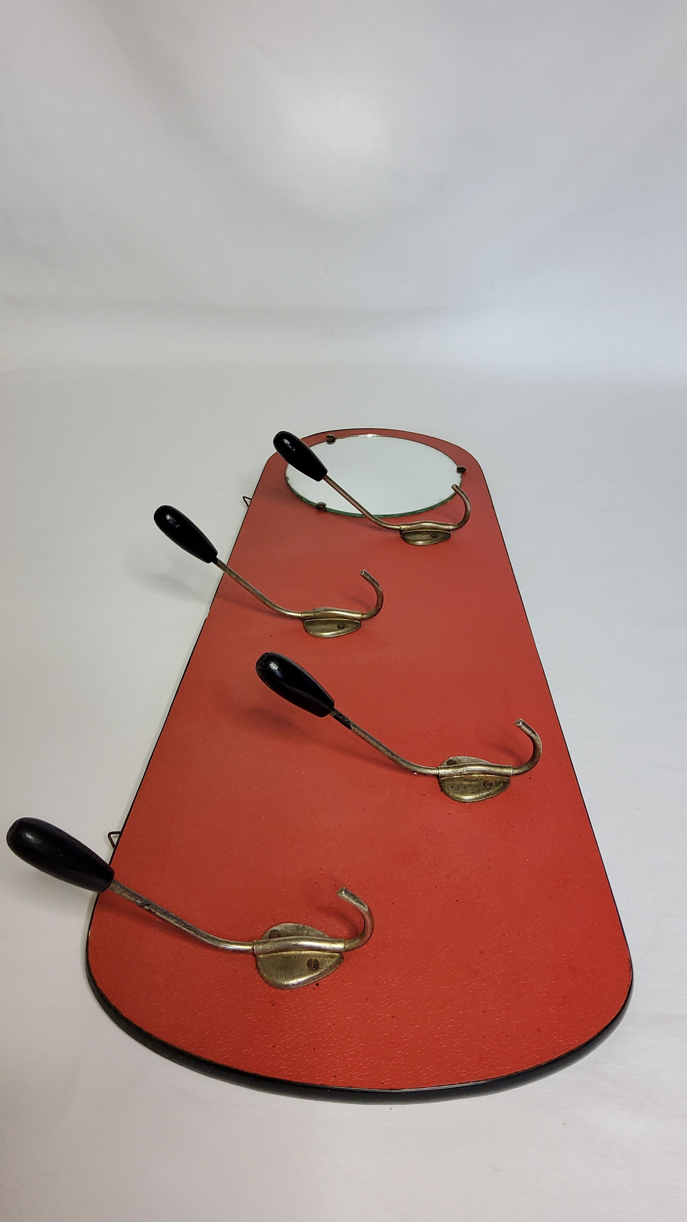 Vintage wall coat rack with round mirror, 4 hooks, 68 cm