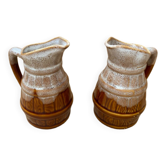 Pair of antique revol 1/4l brown ceramic barrel shaped pitchers vintage