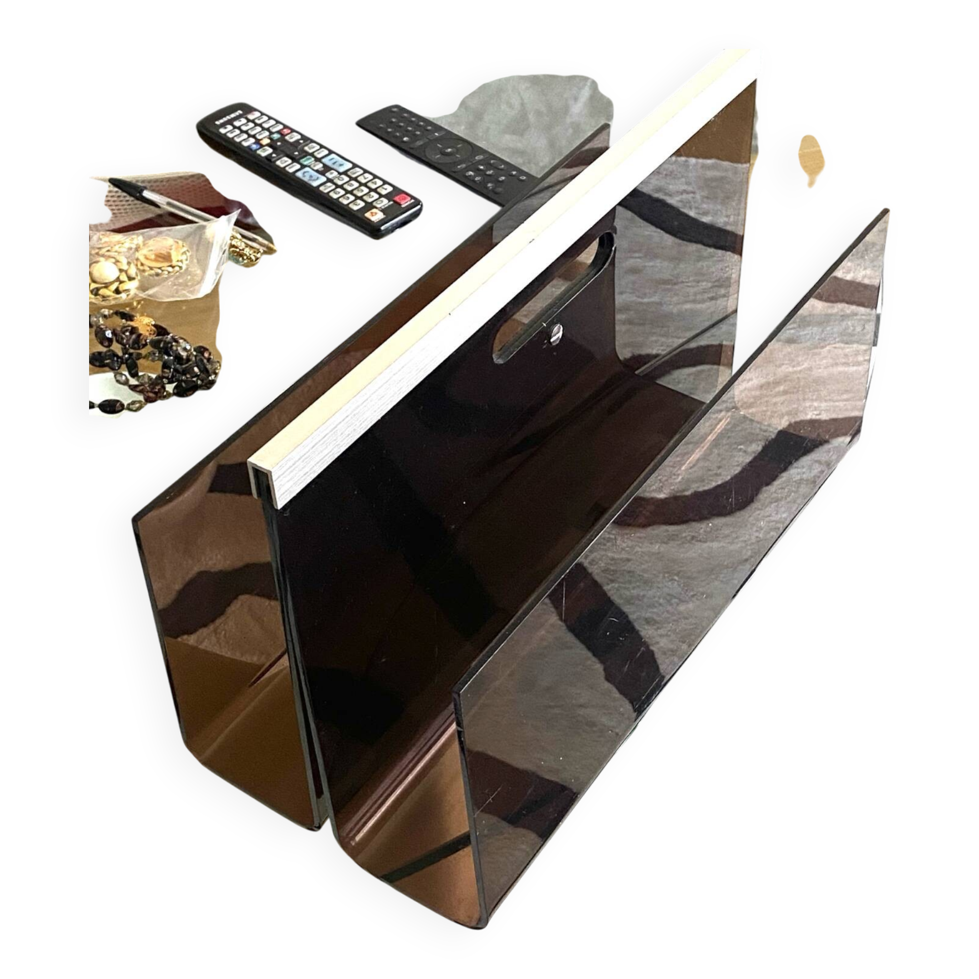Magazine rack Plexiglas Steel brown smoked vintage retro deco Disk Mobilie