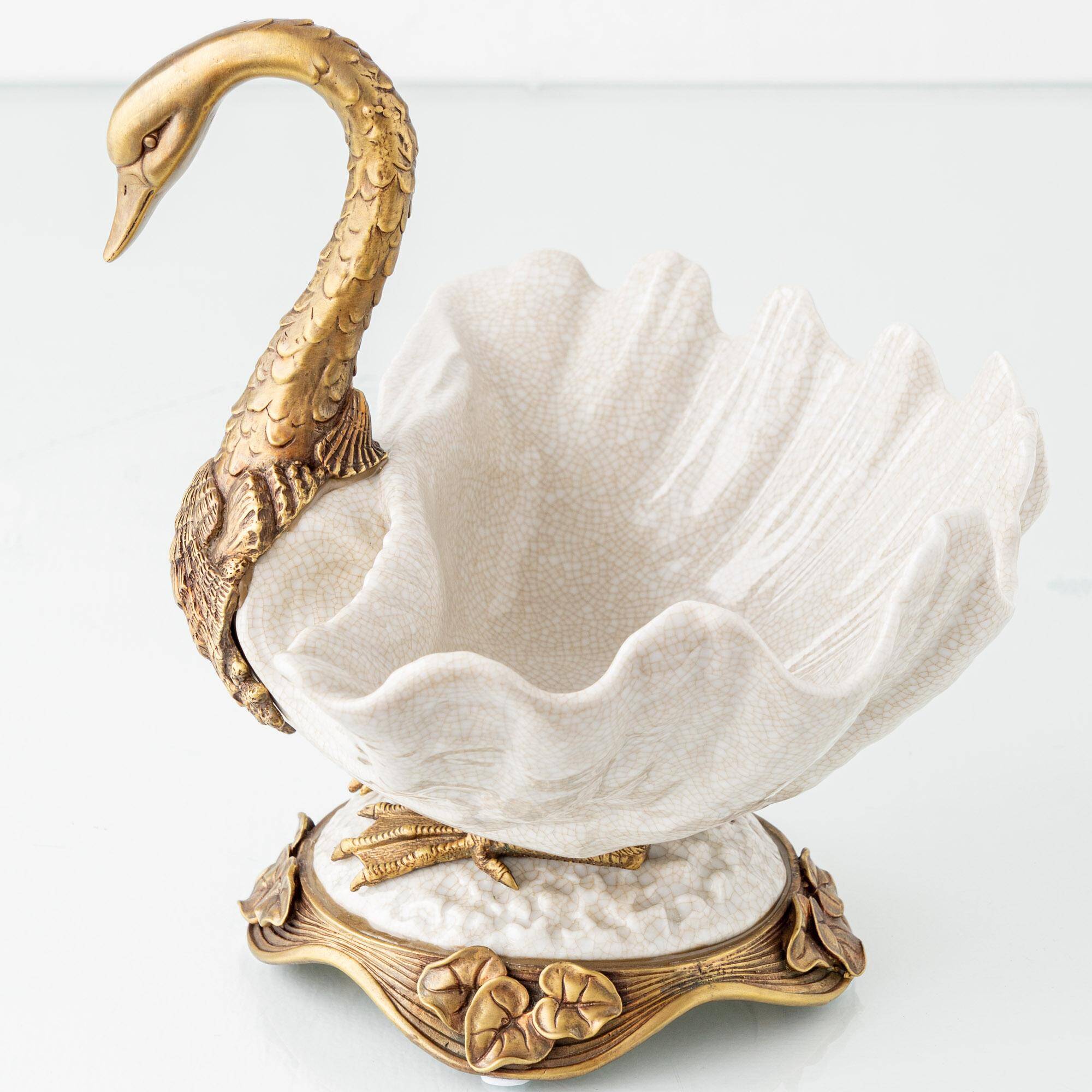 Sculptural Art Nouveau Swan Coupe in Crackled Glazed Porcelain and Gilded Metal