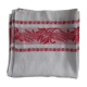 Ancient damask tablecloth. Surroundings borders red. Red central monogram.