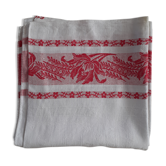 Nappe damasèe ancienne entourage frise rouge monogramme central rouge.