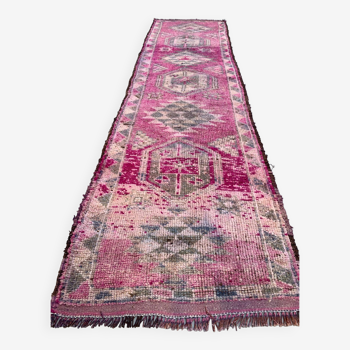 Vintage turc tribal runner 355x90 cm tapis en laine de teinture végétale tribal, fait à la main