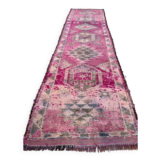 Vintage turc tribal runner 355x90 cm tapis en laine de teinture végétale tribal, fait à la main